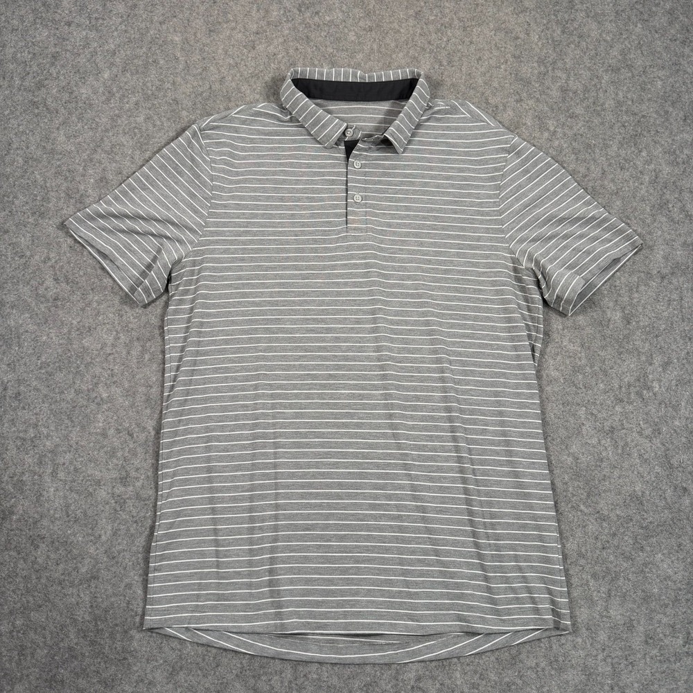 Lululemon Gray Bunker Stripe White Battleship Evolution Polo Shirt Men's Size M